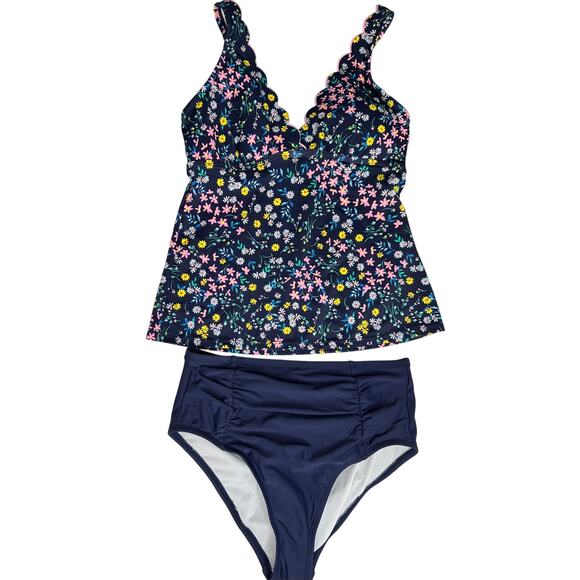 Draper James New! Blue Pink Floral Tankini Swimsuit 50 SPF Summer Beach Vacay S - Picture 1 of 4